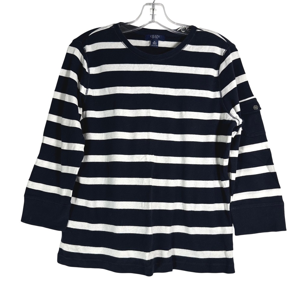 Chaps Womens XL Navy Blue White Striped Cotton Long Sleeve Top Sleeve Pocket B84 - Picture 1 of 6
